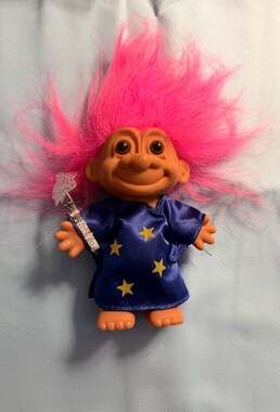 Vintage Russ Berrie Wizard Troll Doll with Pink Hair and Blue Star Robe